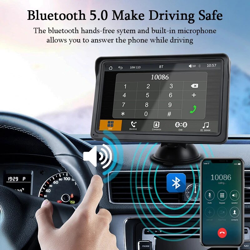 Hippcron 7 inch CarPlay, Portable video player with 7-inch touch screen, CarPlay and Android Auto connectivity, and support for rear view cameras and USB/AUX connections.