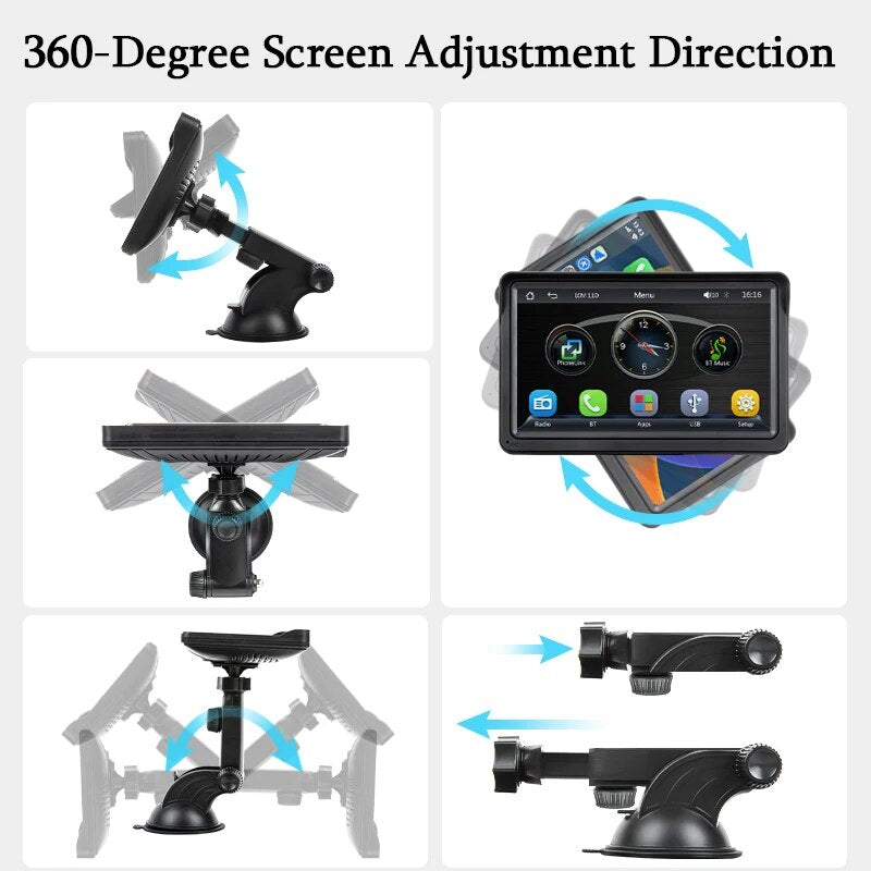 Hippcron 7 inch CarPlay, A portable video player with car play and android auto, supporting USB, AUX, and rearview camera compatibility for navigation adjustment.
