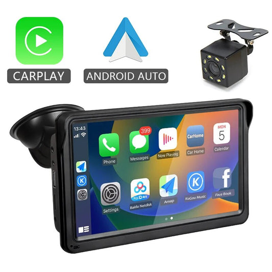 Hippcron 7 inch CarPlay, 7-inch CarPlay and Android Auto multimedia touch screen with USB AUX support and rear view camera compatibility for car entertainment.