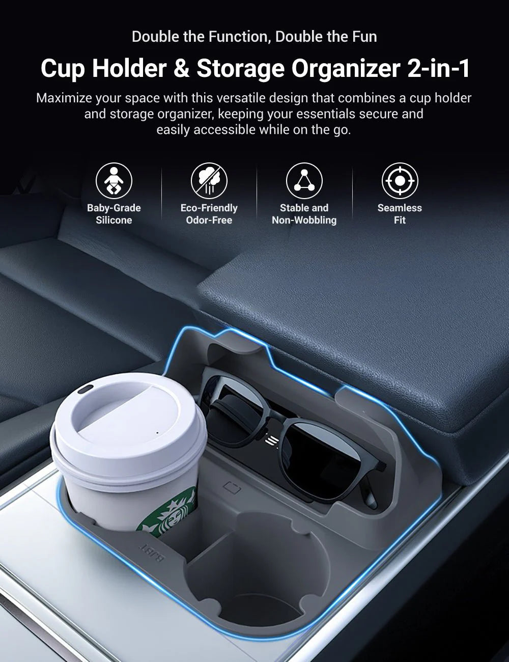 2-Slot Food-Grade Silicone Center Console Cup Holder with Storage for Tesla Model 3 & Model Y (2020-2025)