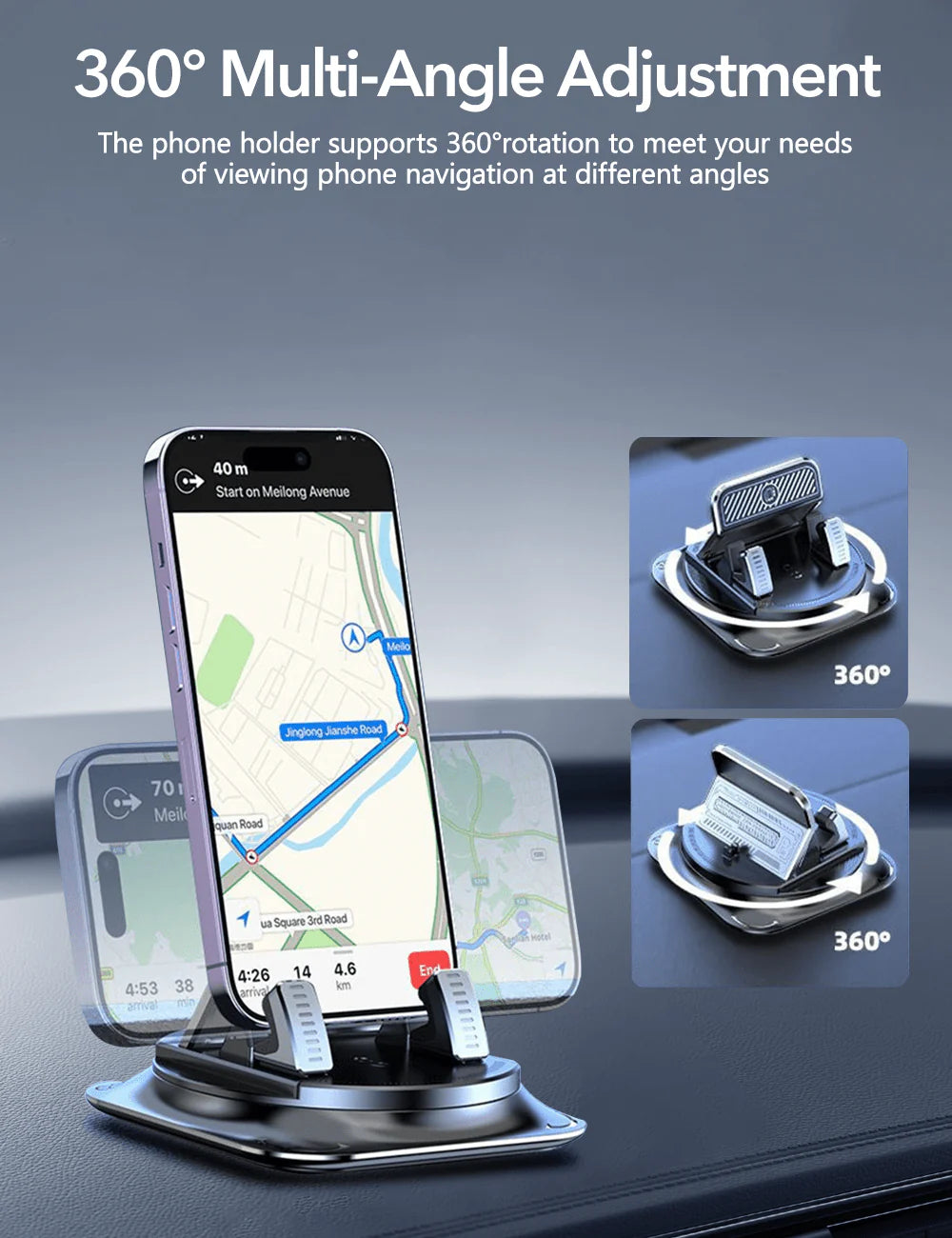 Tesla Dashboard Phone Holder – 360° Rotating Mount with Nano-Gel Suction, One-Hand Clamp, Anti-Shake, Model 3/Y/S/X
