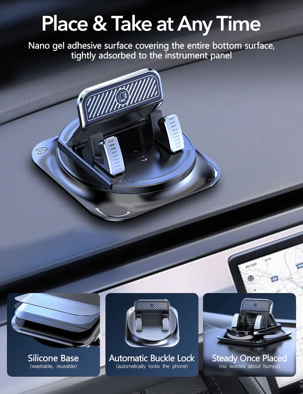 Tesla Dashboard Phone Holder – 360° Rotating Mount with Nano-Gel Suction, One-Hand Clamp, Anti-Shake, Model 3/Y/S/X