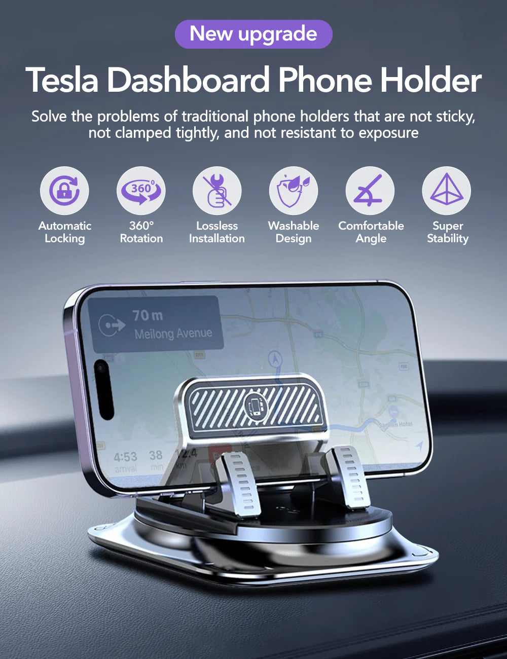 Dashboard Phone Holder Mount for Tesla Model 3 / Model Y / Model S / Model X – 360° Rotatable, Automatic Clamping, Anti-Vibration Car Mount