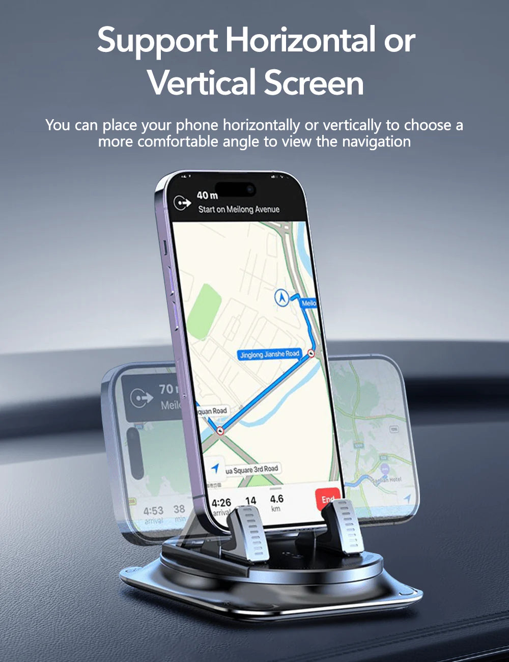 Tesla Dashboard Phone Holder – 360° Rotating Mount with Nano-Gel Suction, One-Hand Clamp, Anti-Shake, Model 3/Y/S/X