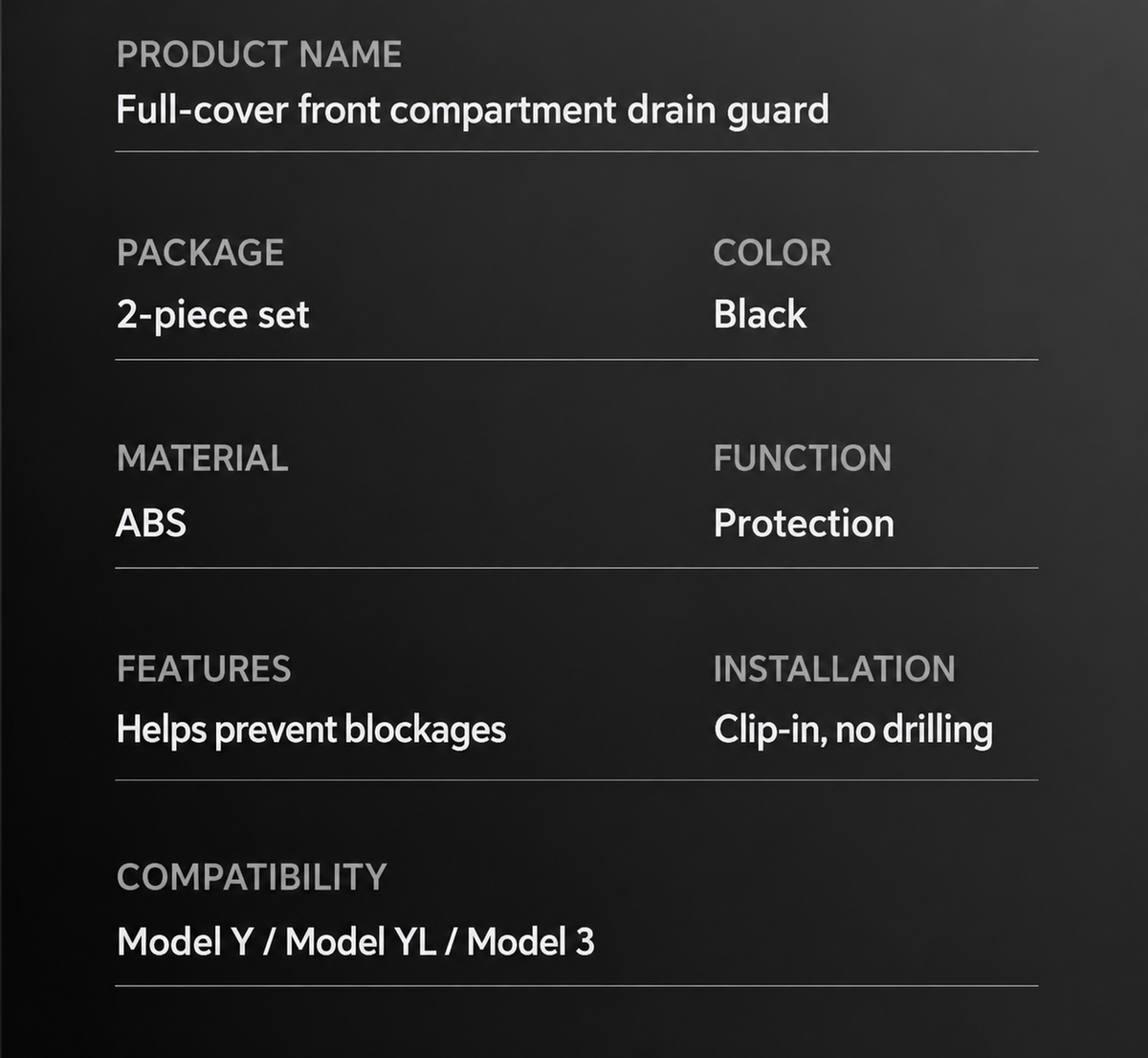 Dibo Front Compartment Drain Guards for Tesla Model Y / Model 3 / Model Y L – English product detail 5