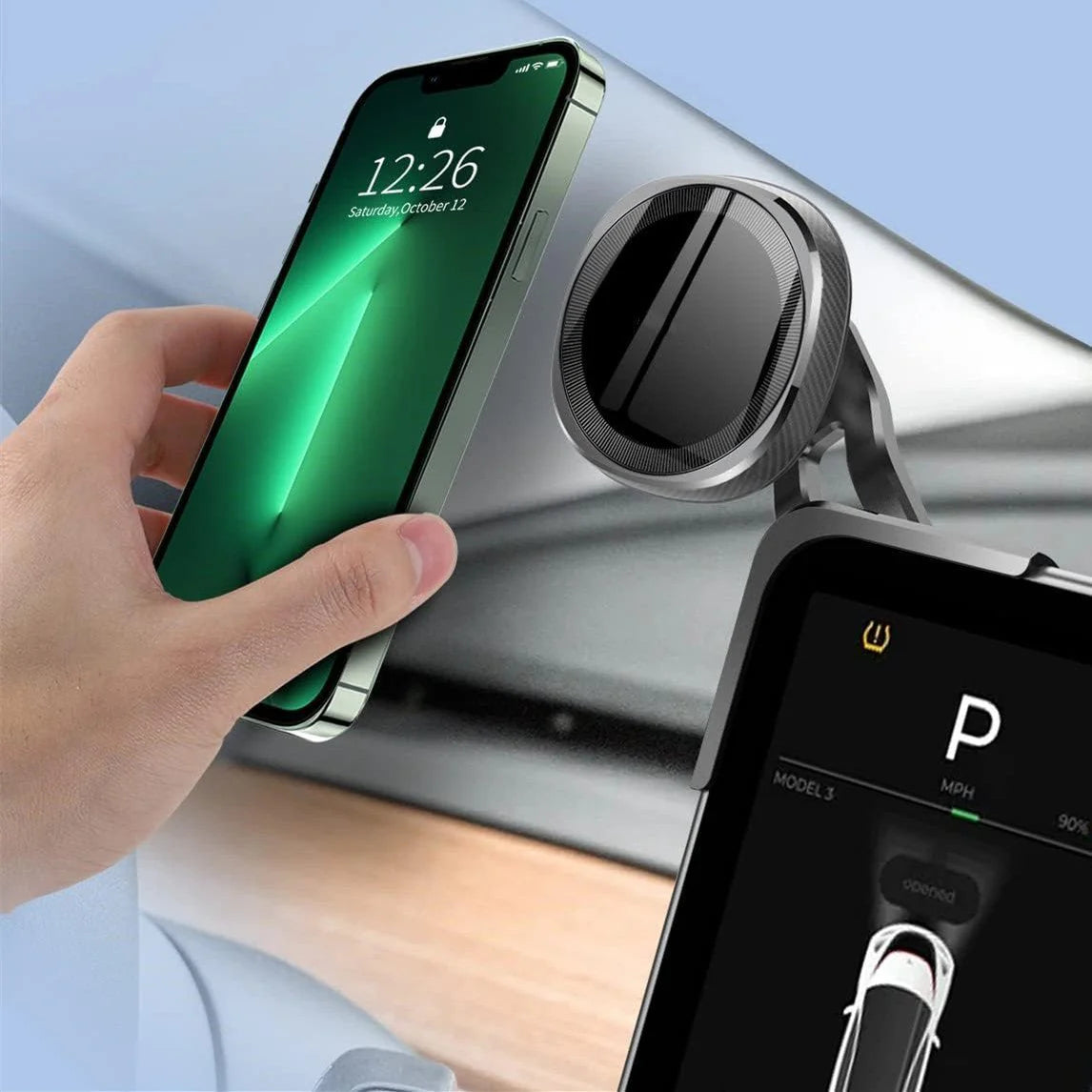 Tesla Model 3/Y Floating Screen Phone Holder, MagSafe-Compatible, 360° Adjustable, Stable ABS & Aluminum