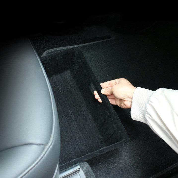Front & Rear Under-Seat Storage Box for Tesla Model Y 5-Seater | ABS & Flocking Options | Enhanced Safety & Hidden Storage Organizer