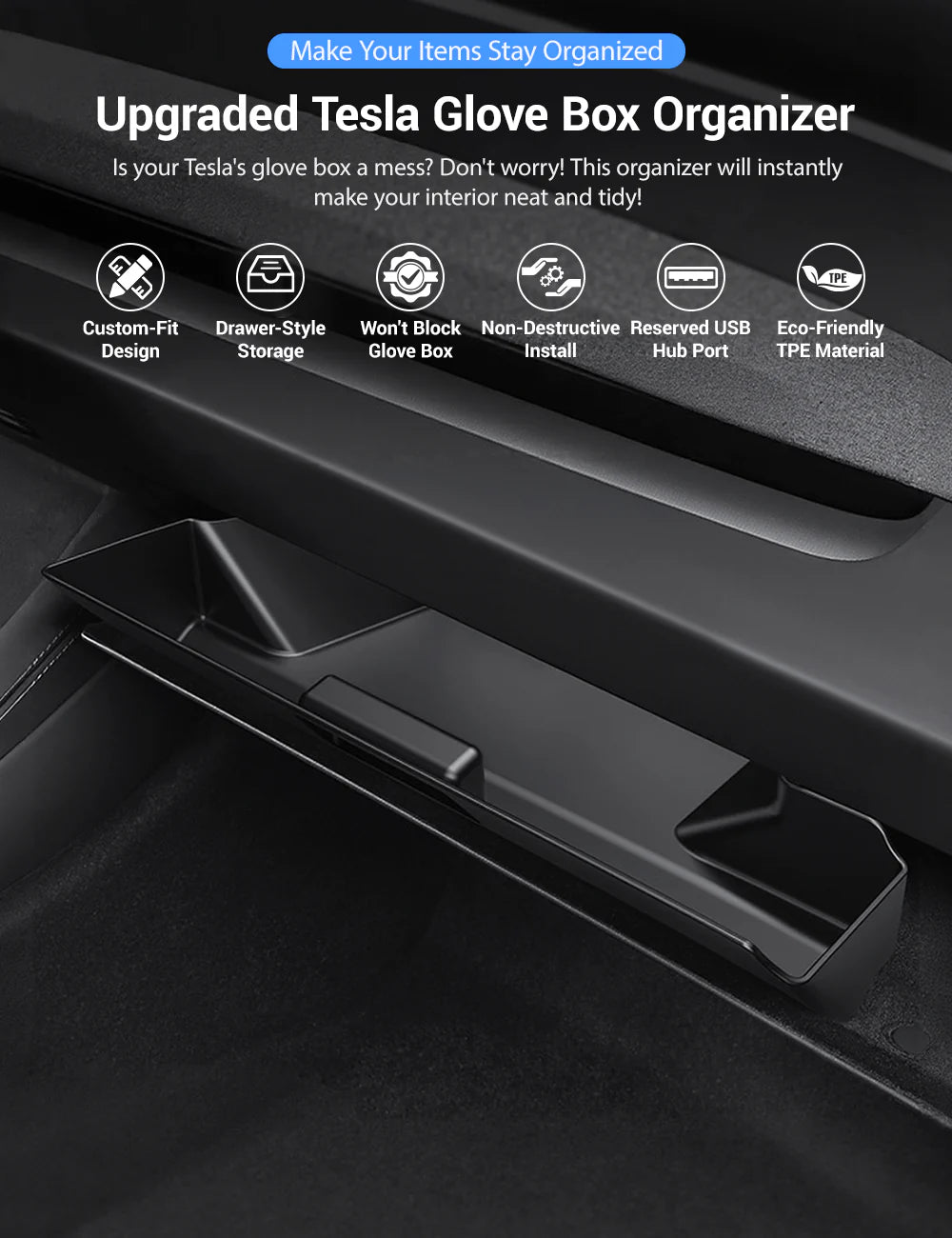 Premium Glove Box Organizer for Tesla Model 3 Highland (2024+) & Model Y Juniper (2025+) – Custom-Fit Drawer-Style TPE Storage Box
