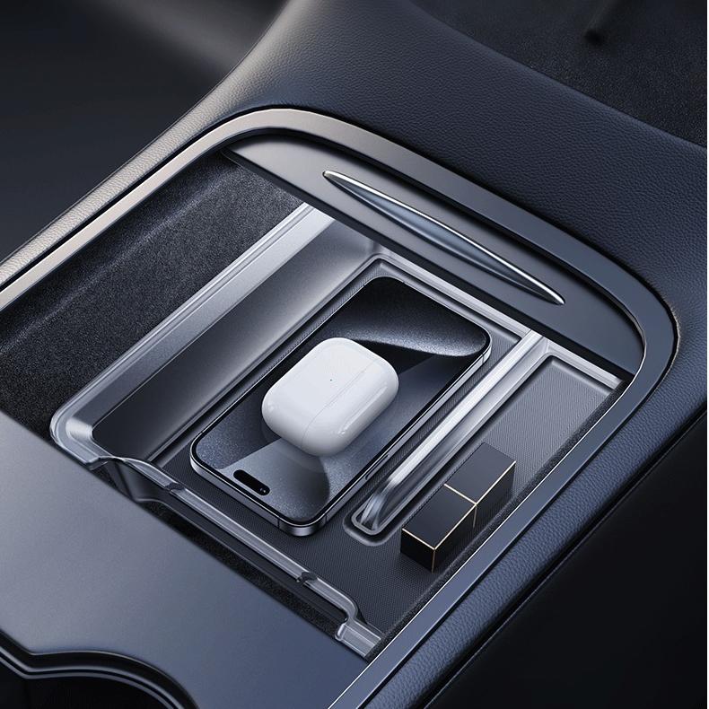 Luminous Center Console Storage Kits for Tesla Model Y Juniper / Model 3 Highland (2PCS) | Translucent Organizer with Cable Management & Anti-Slip Design