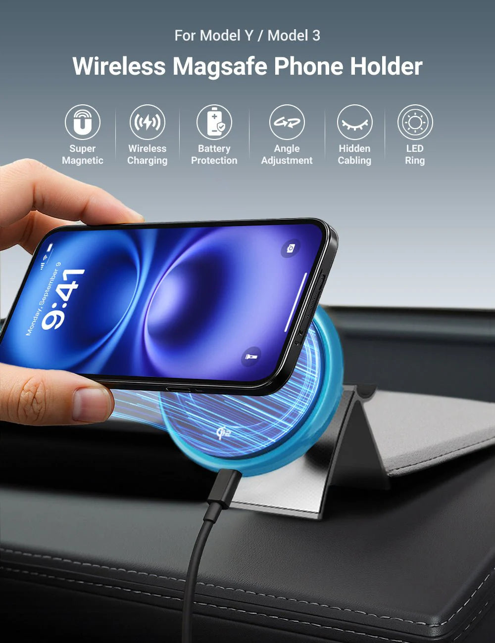 MagSafe Phone Mount for Tesla Model 3 / Model Y – 15W Fast Wireless Charger with Strong Magnetic Hold & LED Ring Light