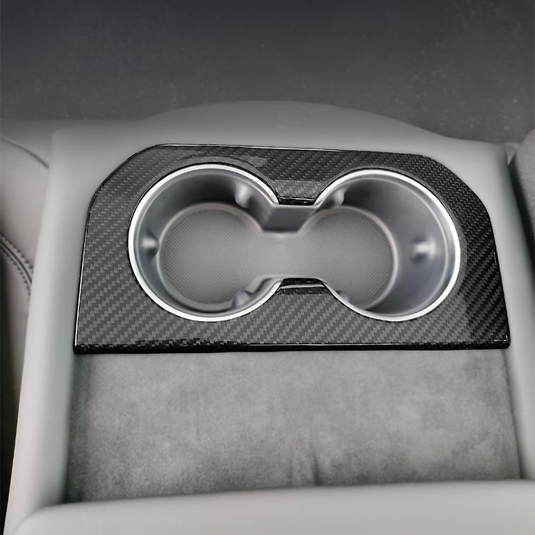 Dry Carbon Fiber Rear Cup Holder Frame Overlay for Tesla Model X/S (2023+) – Real Molded Carbon Interior Trim Upgrade