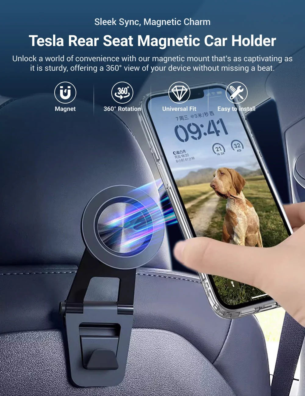 Rear Seat Magnetic Tablet & Phone Holder for Tesla Model 3 / Model S (Clip-In, 360° Rotatable)