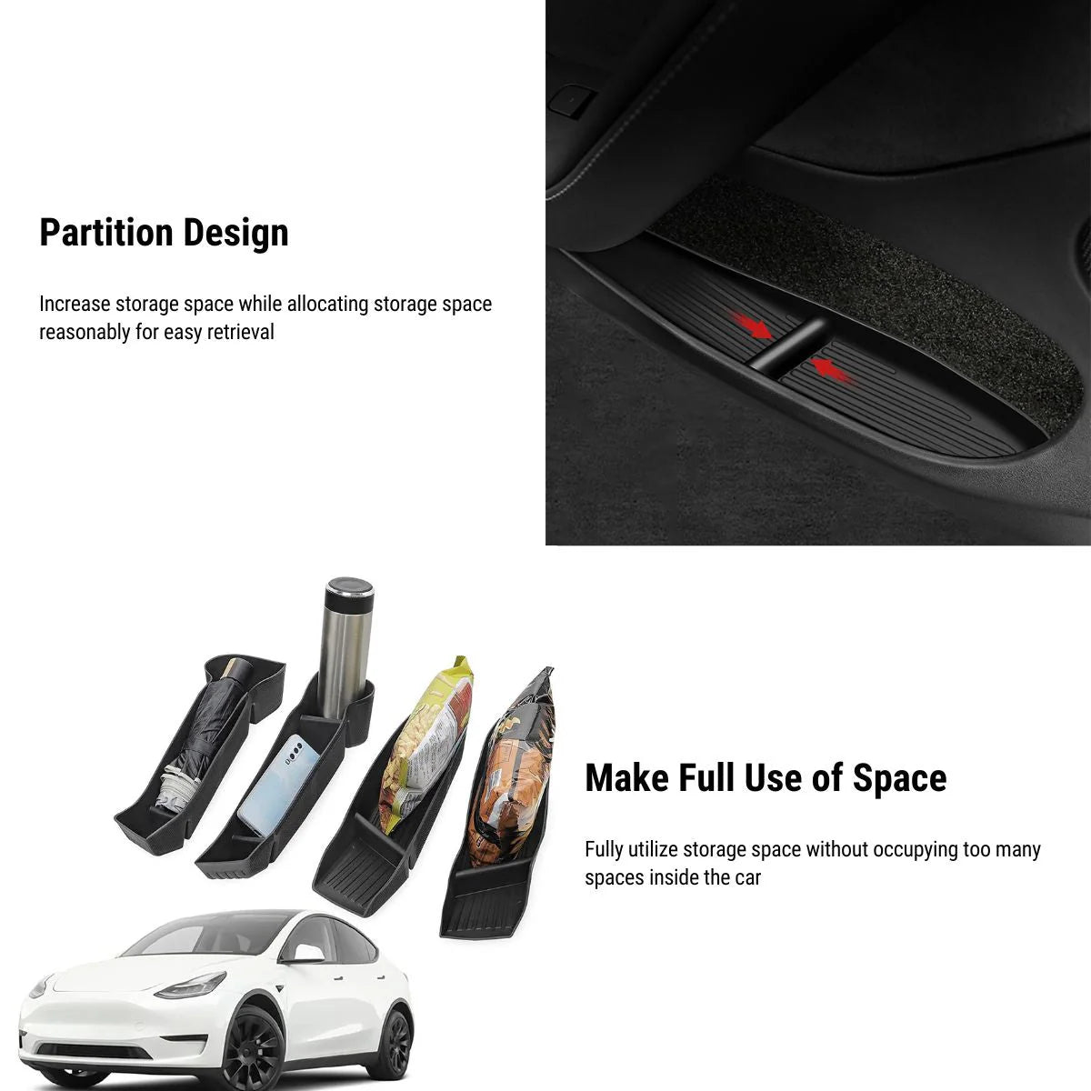 Side Door Storage Organizer Tray for Tesla Model Y (2021-2025) – Custom-Fit Door Pocket Insert, Waterproof Flocked Organizer with Multi-Compartment Design