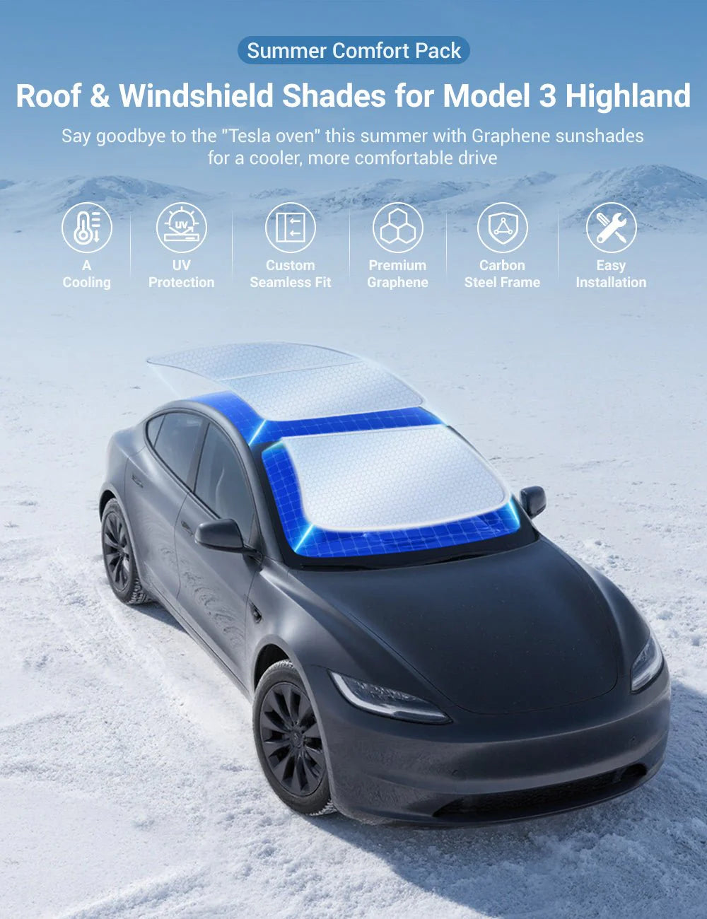 Graphene Roof & Windshield Sunshade Set for Tesla Model 3 Highland – Summer Heat & UV Protection Pack