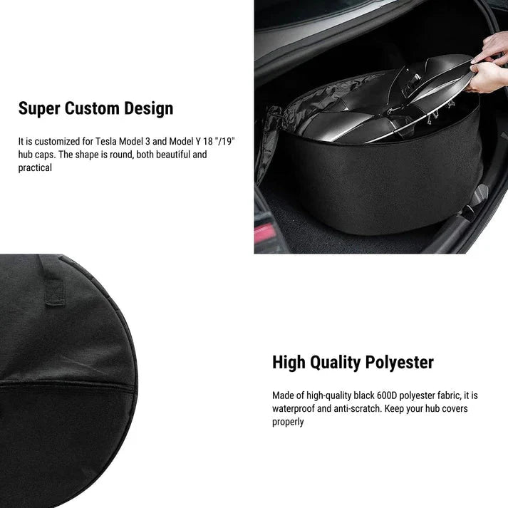 18” & 19” Wheel Cover Storage Bag for Tesla Model 3/Y (2017–Present) – Waterproof Hub Cap Carrying Case with 4 Compartments & Handle