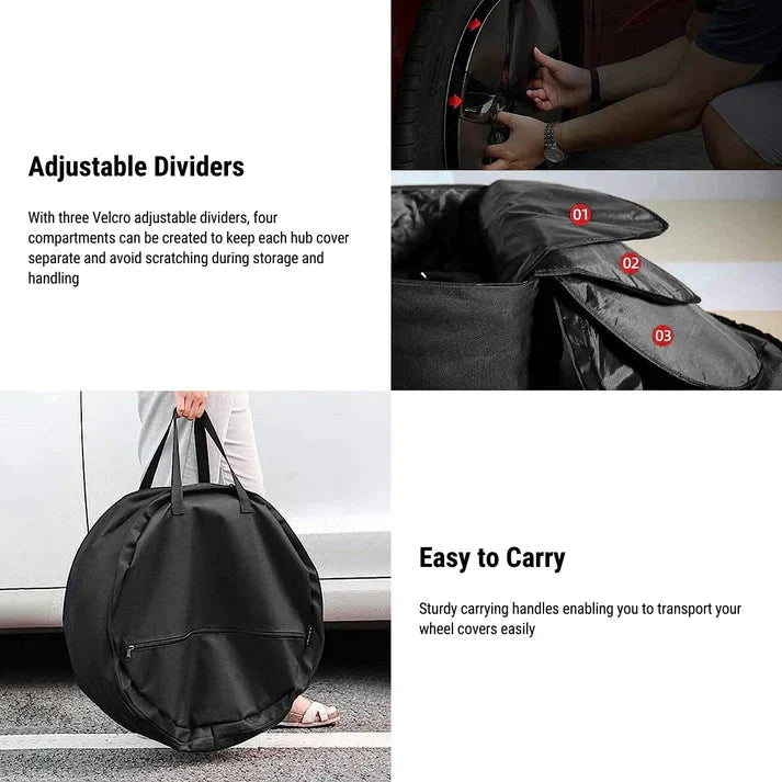 18” & 19” Wheel Cover Storage Bag for Tesla Model 3/Y (2017–Present) – Waterproof Hub Cap Carrying Case with 4 Compartments & Handle