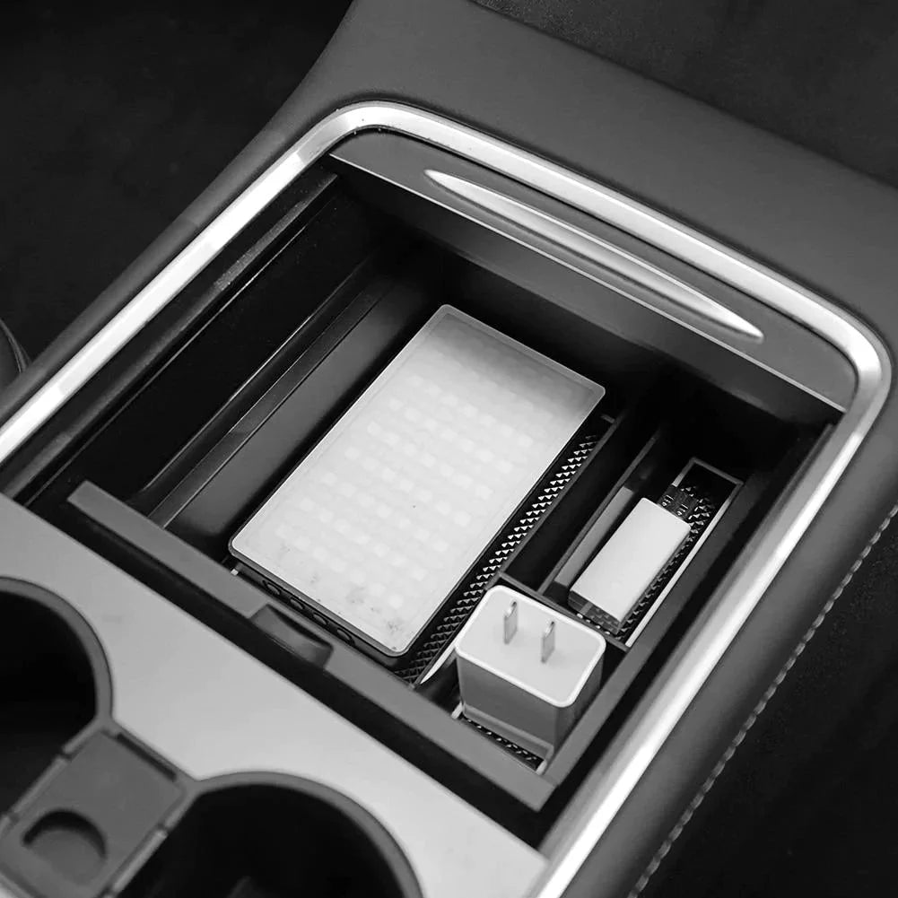 X-Auto Center Console Organizer Storage Box for Tesla Model 3 & Model Y (2021–2023) – Sliding Dual-Layer Design, Flocking or Rubber Material, Anti-Slip & Easy Installation
