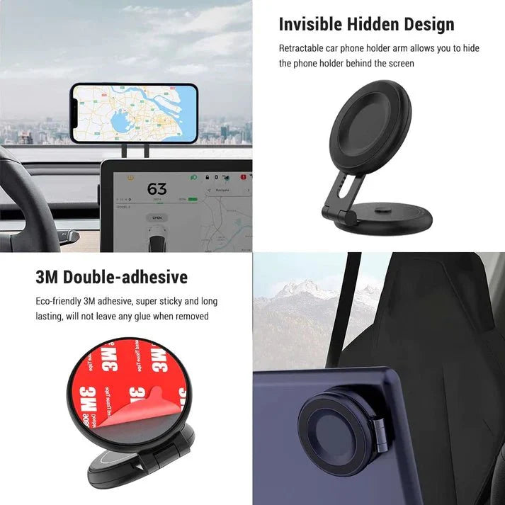 TESEVO Magnetic Phone Mount for Tesla Model 3/Y/X/S — MagSafe Compatible, Dashboard/Center Screen, 360° Foldable Arm