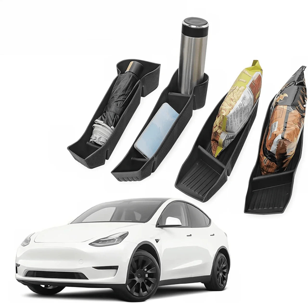 Tesla Model Y Door Storage Box Organizer (2021–Present) – 4PCS TPE Waterproof Door Handle Tray Set for Front & Rear Doors