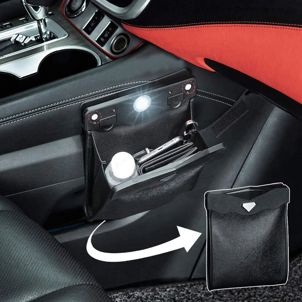 LED Car Trash Bag with Magnetic Light for Tesla Model 3/Y/S/X – Leather Rear Seat Garbage Holder with Non-Destructive Installation