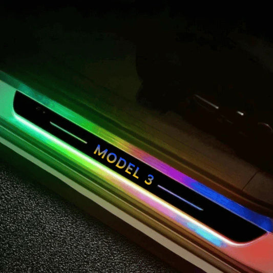 X-Auto LED Welcome Door Sill Protector for Tesla Model 3/Y/S/X (2017–Present), Illuminated Scuff Plate with Magnetic Installation, Rechargeable Silver Mirror Finish (4PCS)