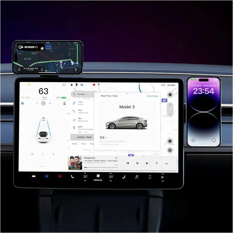 TESEVO Multi-Angle Magnetic Phone Mount for Tesla Model 3/Y — Center-Screen Phone Holder, 360° Rotation, Fold-Away Arm