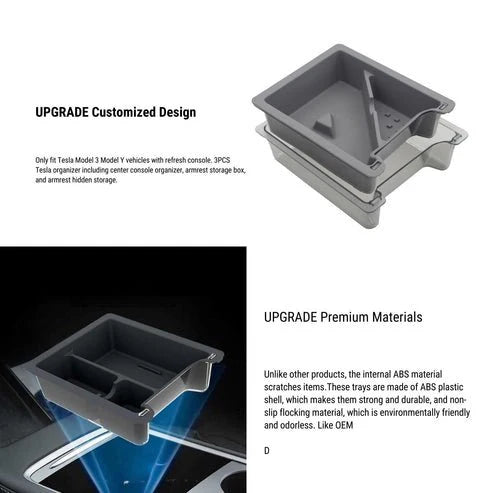 Premium Center Console Organizer Tray Set for Tesla Model 3 & Model Y (3PCS) – Armrest Storage Box with Hidden Compartment & Sunglass Holder