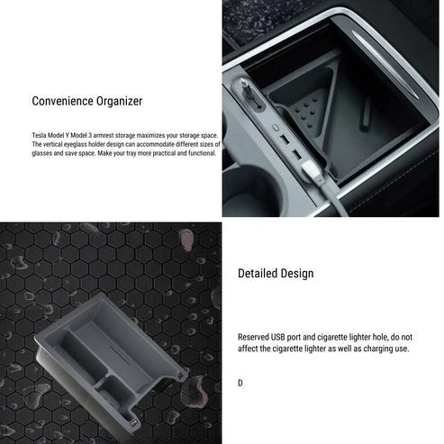 Premium Center Console Organizer Tray Set for Tesla Model 3 & Model Y (3PCS) – Armrest Storage Box with Hidden Compartment & Sunglass Holder