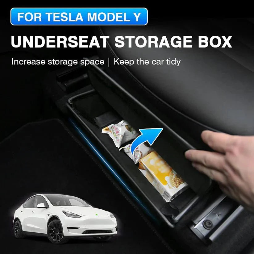 X-Auto Under Seat Storage Box for Tesla Model Y 2020–2025 | Leather Underseat Organizer Drawer, Extra Hidden Storage Compartment for Driver & Passenger Seat