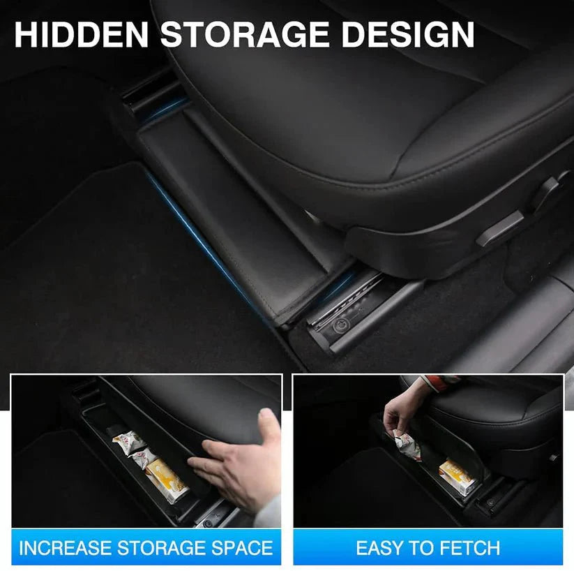X-Auto Under Seat Storage Box for Tesla Model Y 2020–2025 | Leather Underseat Organizer Drawer, Extra Hidden Storage Compartment for Driver & Passenger Seat