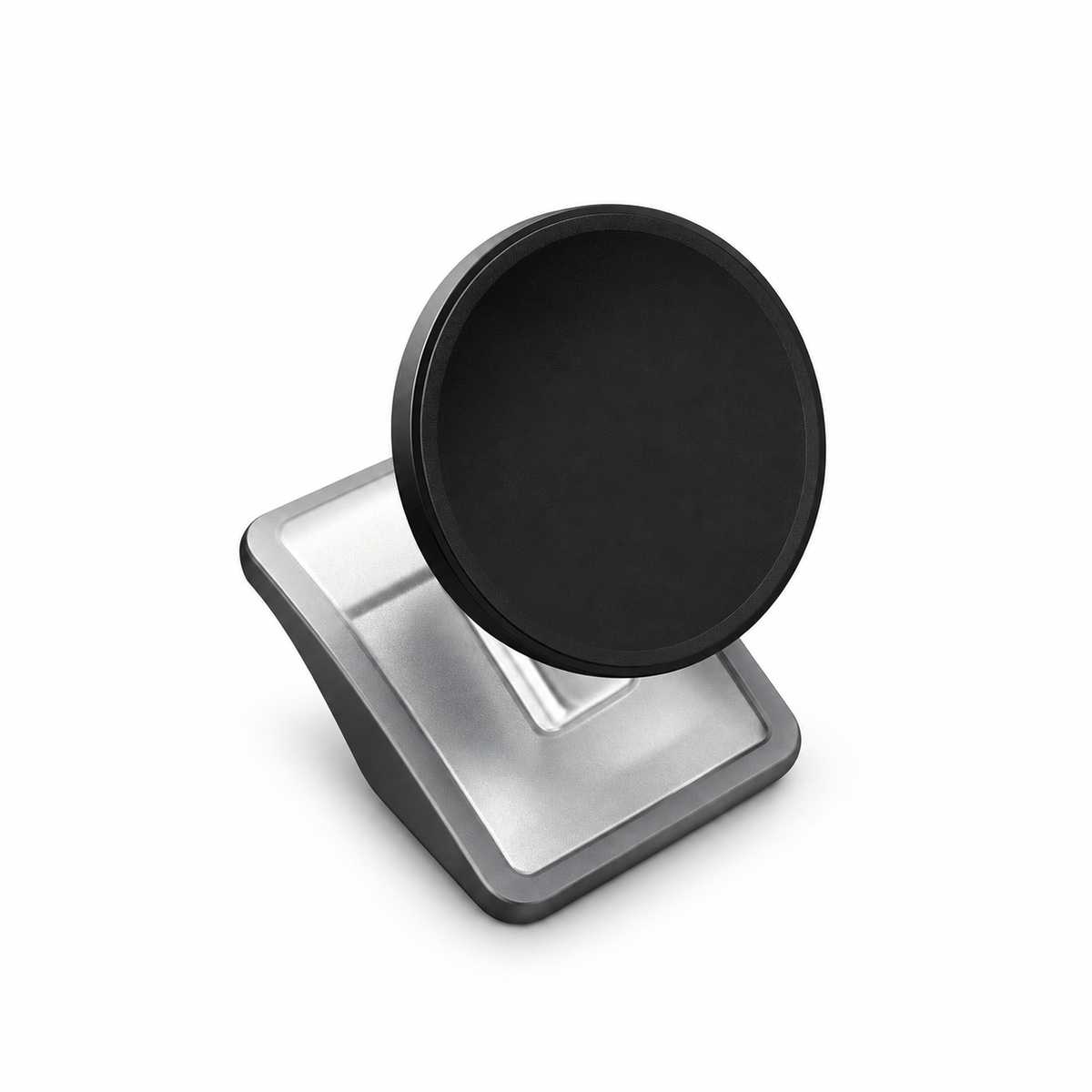 White-background photo of the round magnetic Tesla phone mount and silver-gray base