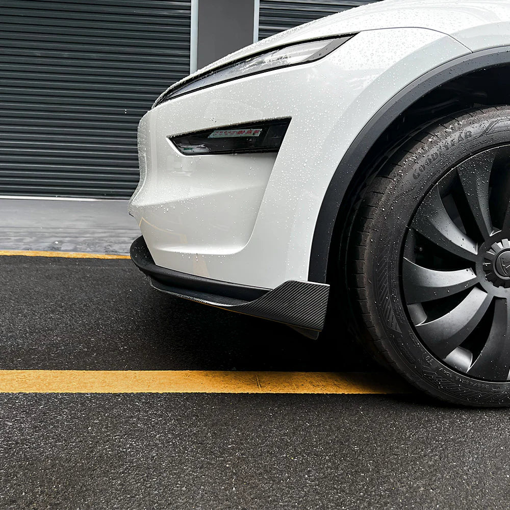 Real Carbon Fiber Front Lip Splitters for 2025+ Tesla Model Y Juniper (March 2025-Up) – Aerodynamic Front Bumper Side Canards Body Kit Upgrade | Gloss Carbon Fiber Exterior Styling Trim
