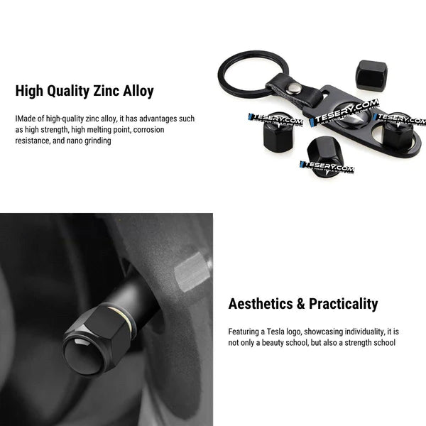Tesla Tire Valve Stem Caps with Logo – Aluminum Alloy, Airtight & Dustproof, Compatible with Tesla Model 3 / Model Y / Model S / Model X, 4pcs Set, Easy Installation