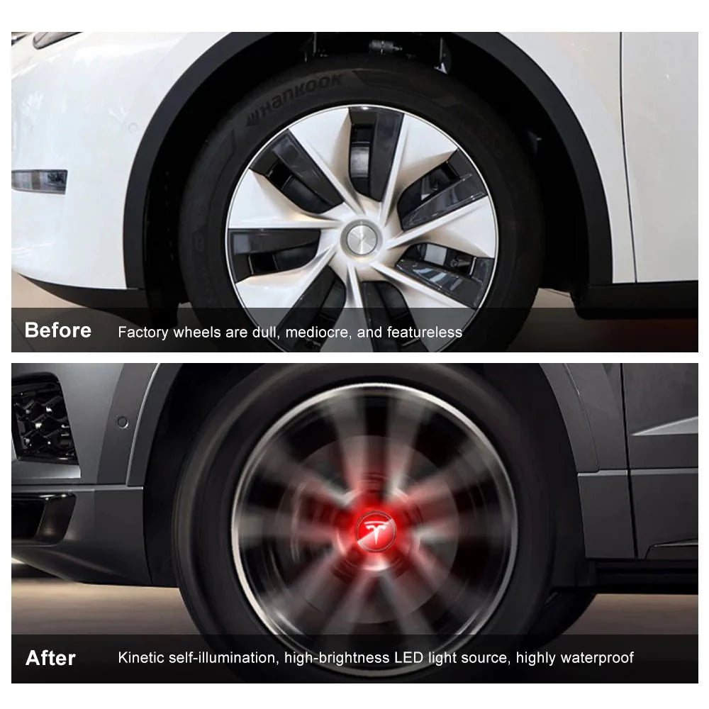 LED Wheel Hub Light Caps with Kinetic Power Generator for Tesla Model 3/Y/S/X (Set of 4) – Battery-Free Glowing Center Caps for Enhanced Safety and Style