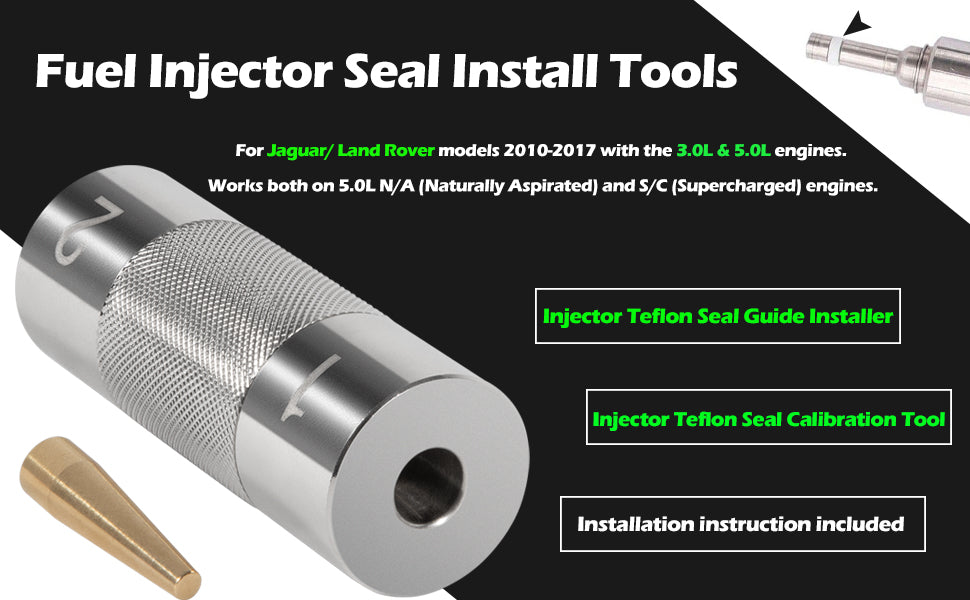 Fuel injector seal install tools for Jaguar/Land Rover 3.0L and 5.0L engines from 2010-2017.