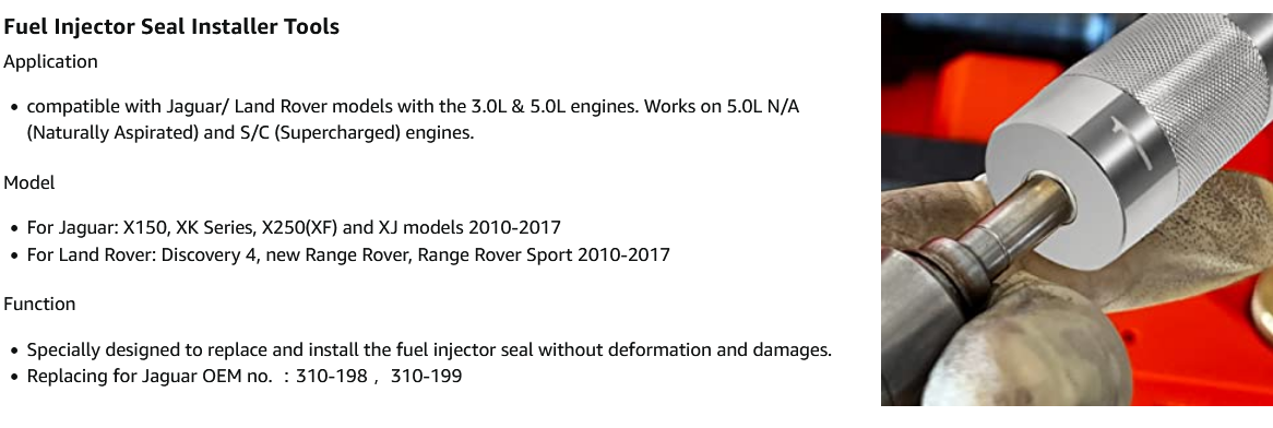 Fuel Injector Seal Install Tools for Jaguar/Land Rover 3.0L and 5.0L engines, compatible with select models from 2010-2017.