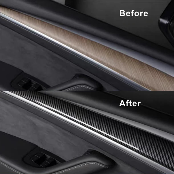 Real Carbon Fiber Front Door Trim Cover Interior Decoration for Tesla Model 3 (2020–2024) & Model Y (2020–2024)