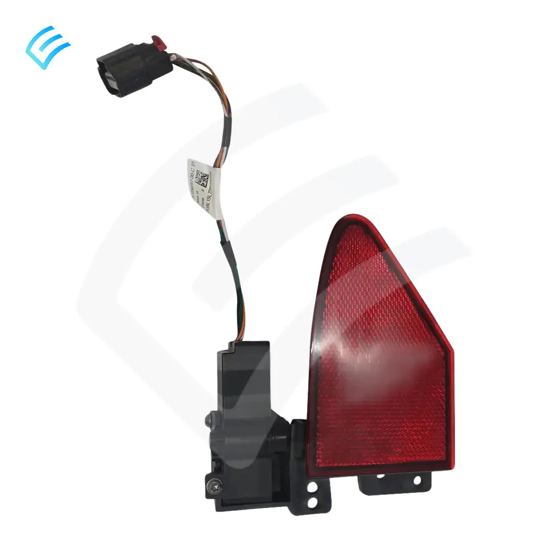 Tesla Model S/X NACS charge port door 1038548-10-I front view showing red reflector panel and mounting bracket