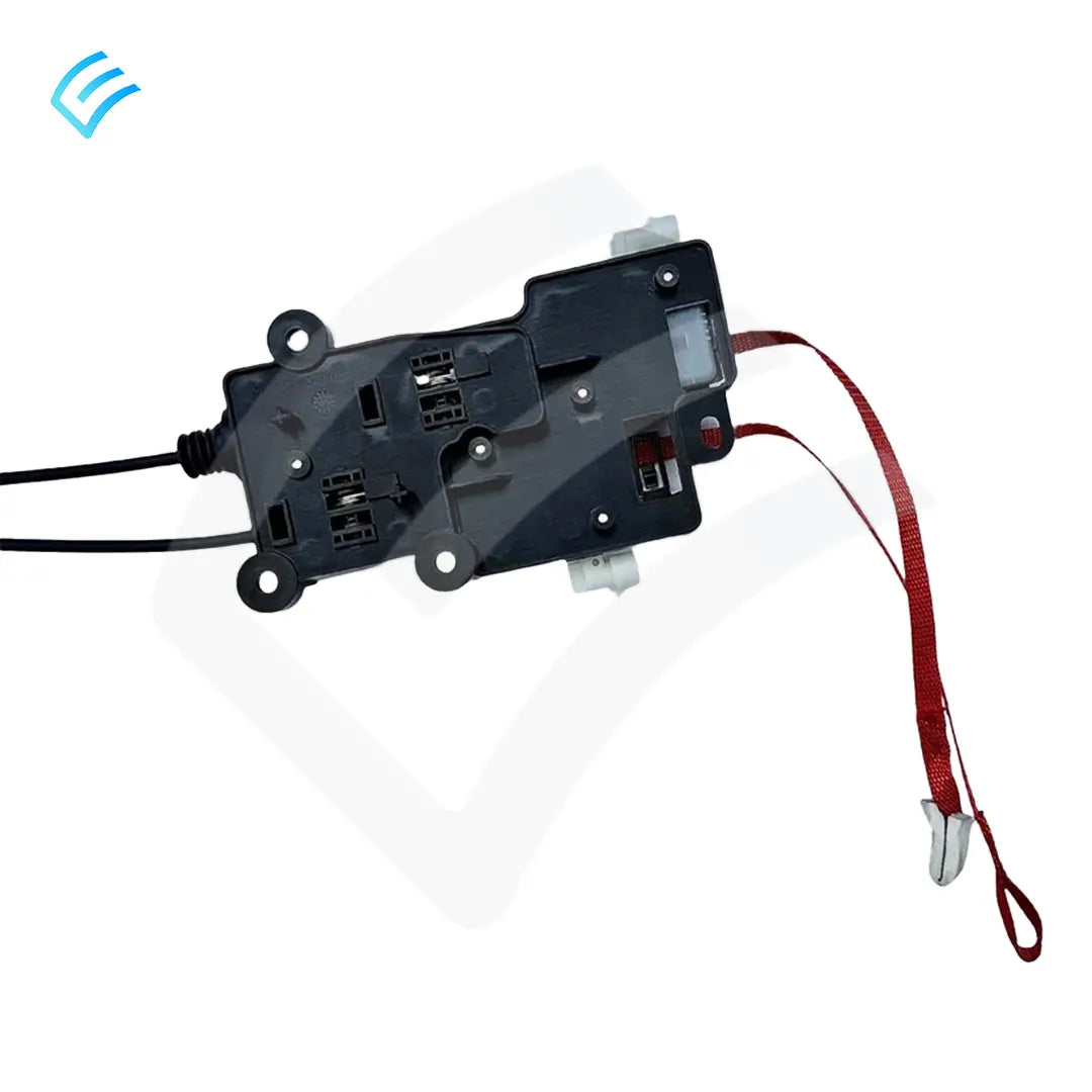 Close-up of hood latch release module with mounting holes, cable entry, and red emergency pull strap
