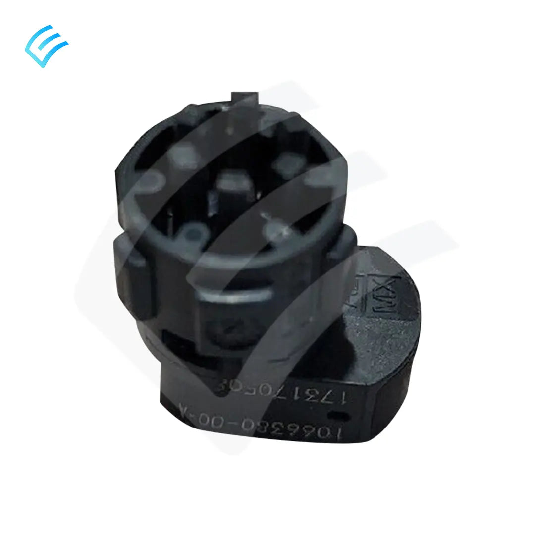 Top view of black door handle magnet clip showing round connector housing and molded markings