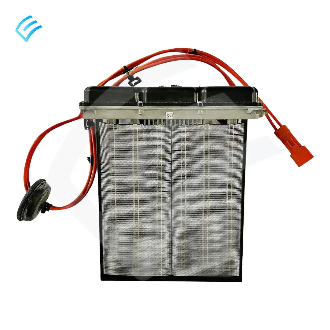 OEM Tesla Model 3 PTC heater core assembly for dual-zone HVAC, front view with orange high-voltage connector