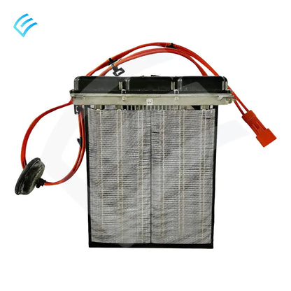 OEM Tesla Model 3 PTC heater core assembly for dual-zone HVAC, front view with orange high-voltage connector