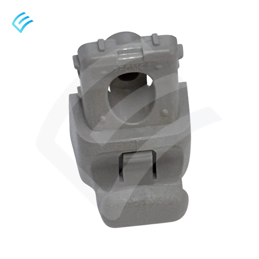 Front view of gray sun visor check base bracket showing round mounting hole and latch slot