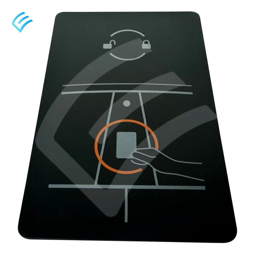 Back of Tesla NFC key card showing tap-to-unlock/start placement diagram with orange circle