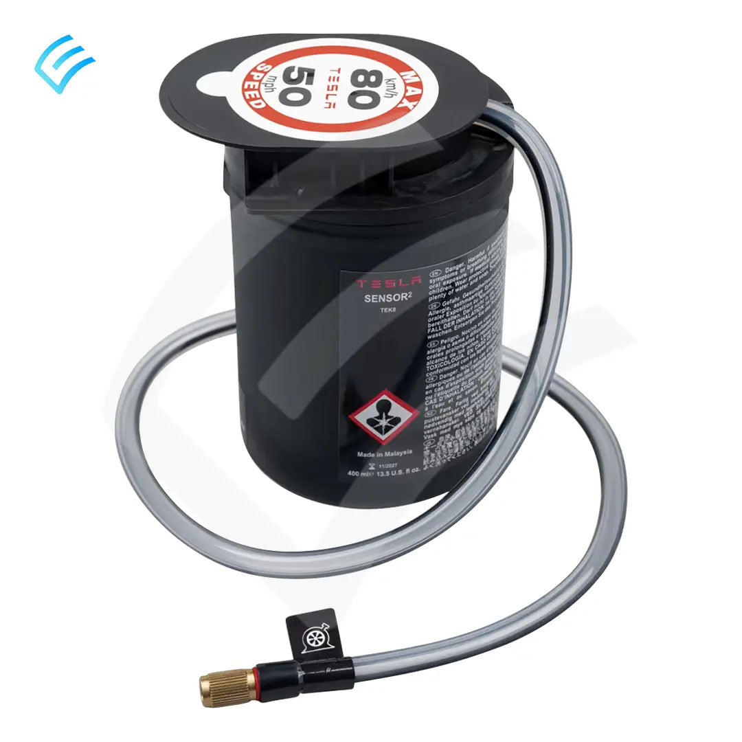 OEM Tesla tire repair sealant kit canister with air hose and valve connector, part 1107992-00-A