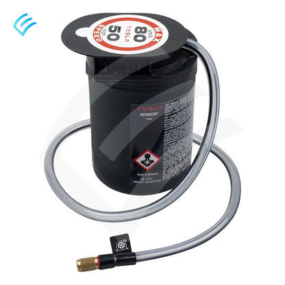 OEM Tesla tire repair sealant kit canister with air hose and valve connector, part 1107992-00-A