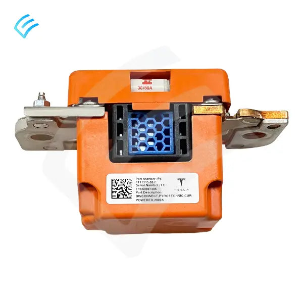 Rear view of Tesla 1111313-00-F pyrotechnic disconnect with QR part label and blue vent grille