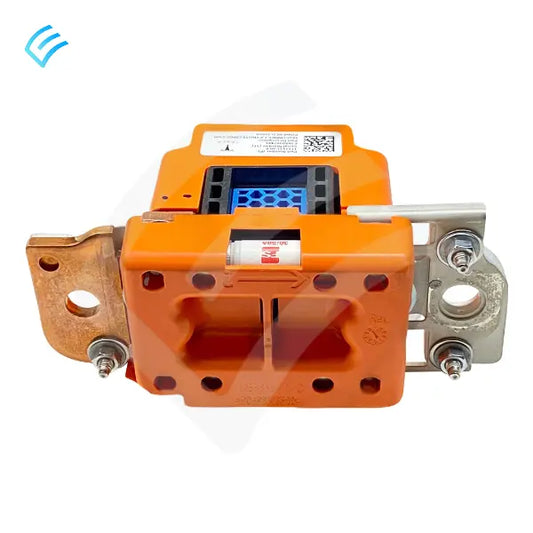 Tesla OEM 1111313-00-F pyrotechnic disconnect, orange housing with copper and silver high-voltage terminals