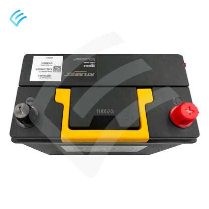 Tesla OEM 12V battery 1129182-00-B top view with yellow handle and red/black terminals