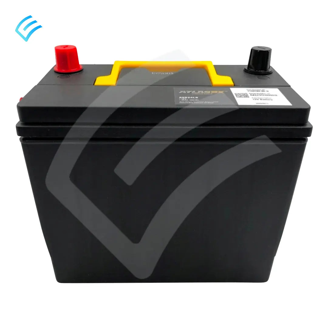 Auxiliary 12V car battery side profile showing top terminals and carry handle